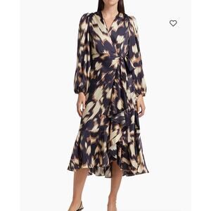 Tanya Taylor Blaire Cream Tan Navy Batik Satin Blouson Sleeve Midi Wrap Dress